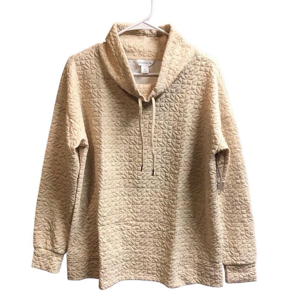 Liz Claiborne Womens Sz. Medium Cowl Neck Pull Over Cream Quilt Drawstring